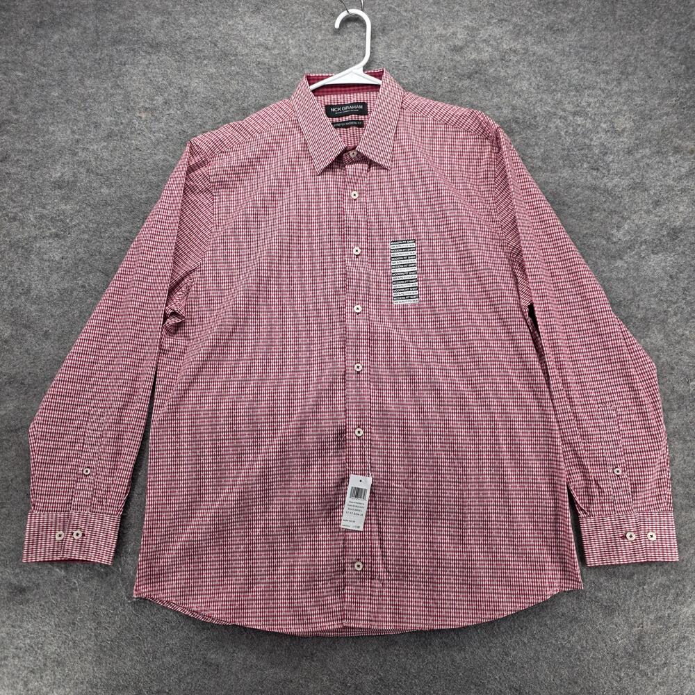 Nick Graham Shirt Mens XL Red Check Cotton Spandex Long Sleeve Button Up